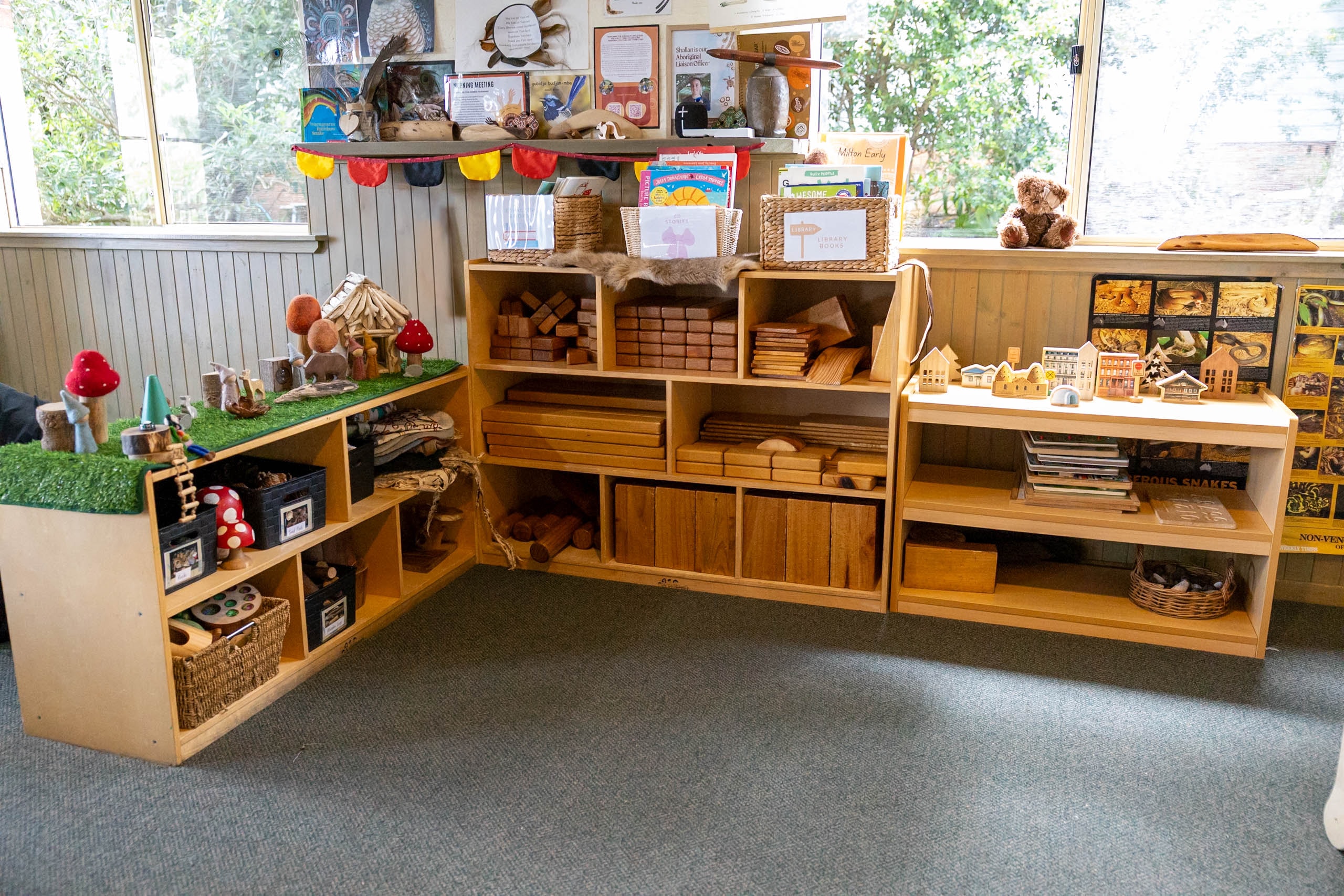 Classroom learning shelves with natural materials